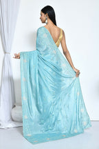 Blue Crepe Silk Sequence Embroidered with Stone work Saree - Nimaya Benzy