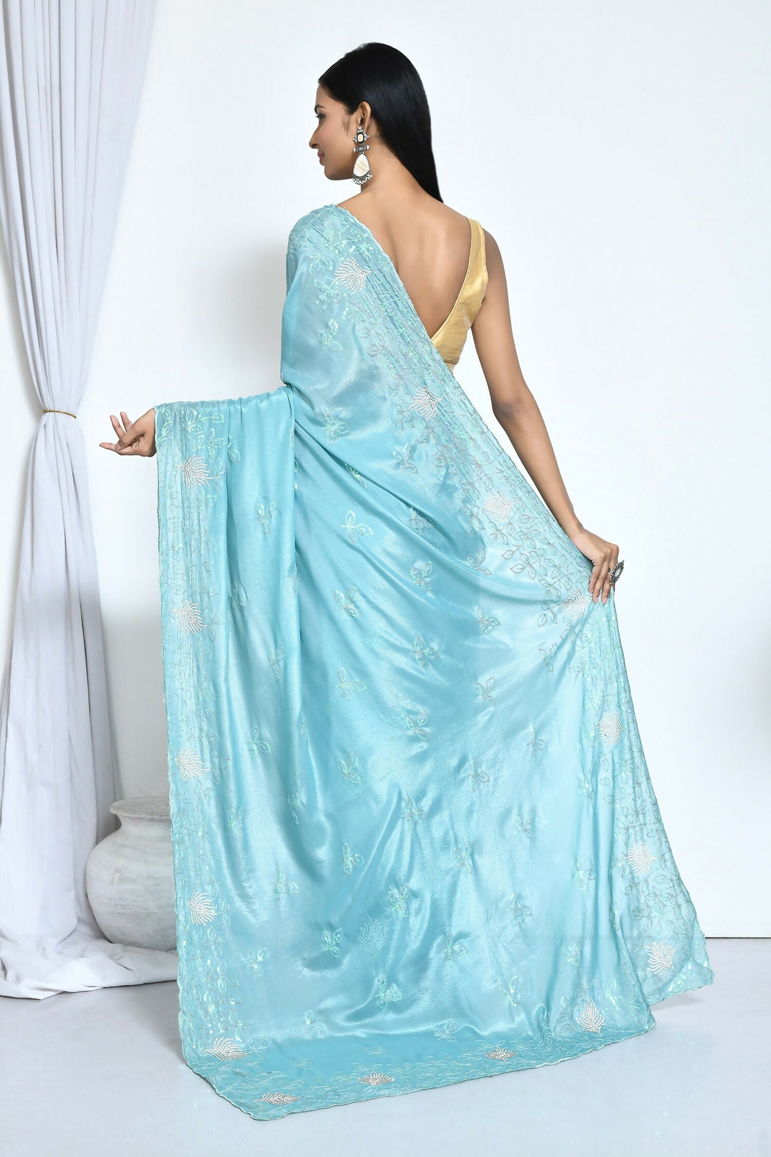 Blue Crepe Silk Sequence Embroidered with Stone work Saree - Nimaya Benzy
