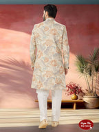Joban Fashion Men's Beige Base Multi-Colour Straight Swed Velvet Self-Design In Fabric Indo-Western Kurta Set