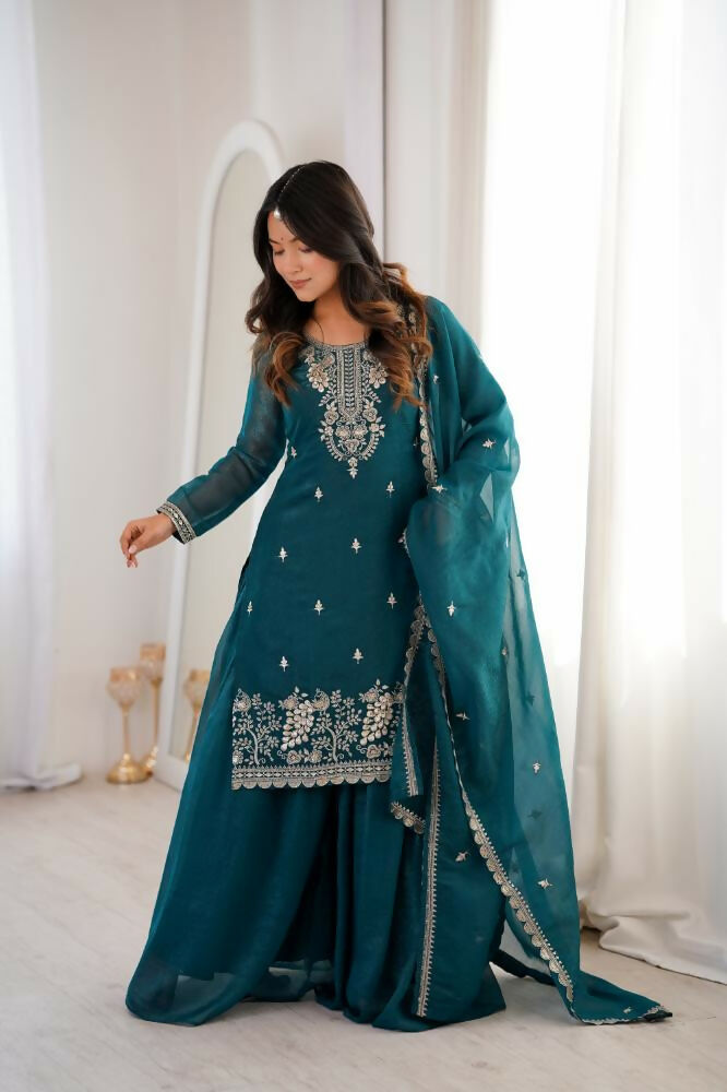 Lehenga Mart Designer Sharara Suit With Kurta, Sharara, Dupatta For Women-Teal Blue - Distacart
