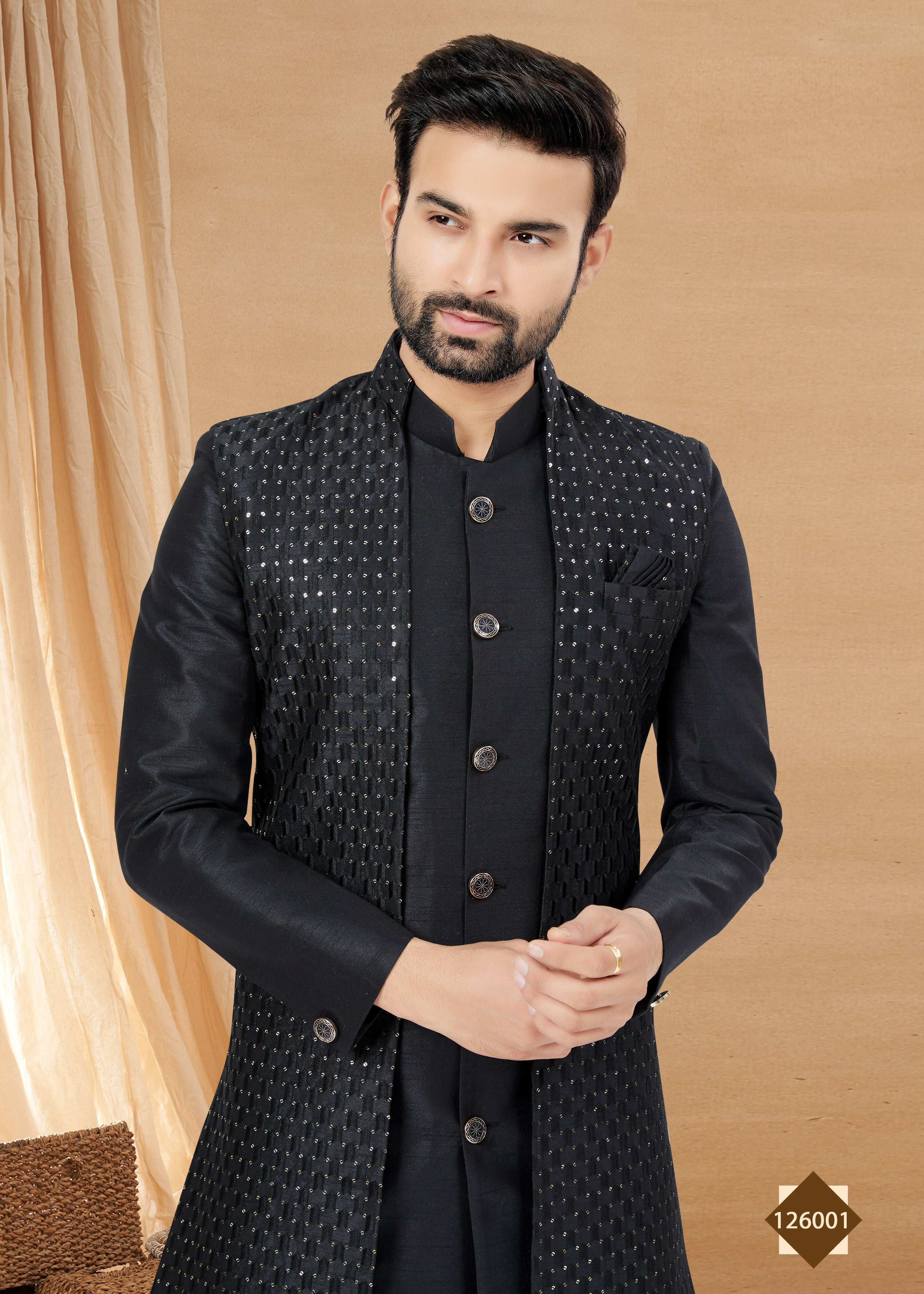 Joban Fashion Men's Black Heavy Art Silk Double Finish Plain Indowestern