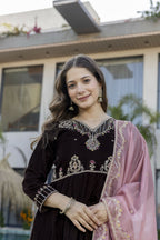 The52 Women's Beautiful Velvet Fabric Embroidery Work Flared Anarkali Pant and Dupatta Set - Distacart