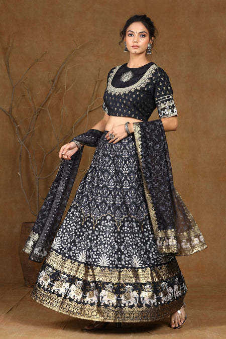 Juniper Women Black Shantoon Embroidered Flared Lehenga Choli Sets