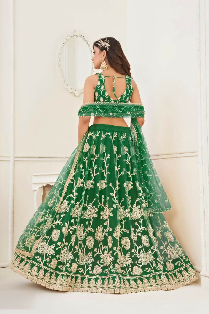 Aastha Fashion Parrot Green Butterfly Net White Cotton Thread Work And Sequence Work Embroidery Wedding Wear Lehenga Choli