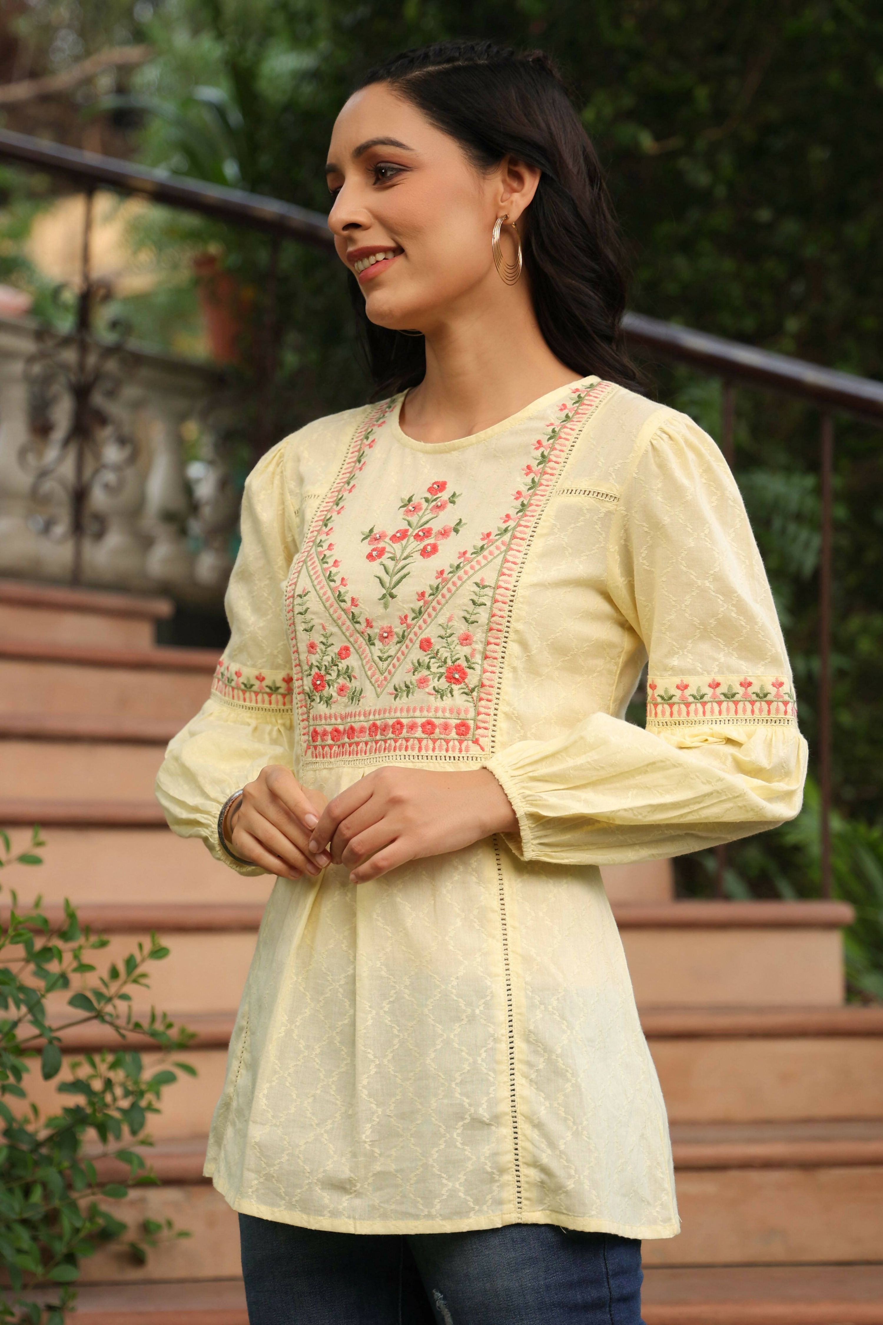 Juniper Women's Lemon Cotton Dobby Solid Embroidered Straight Tunic - Distacart