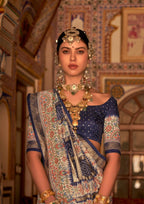 Dark Blue P V Silk Digital Print, Zari Work Printed Saree - Rewaa Parampara
