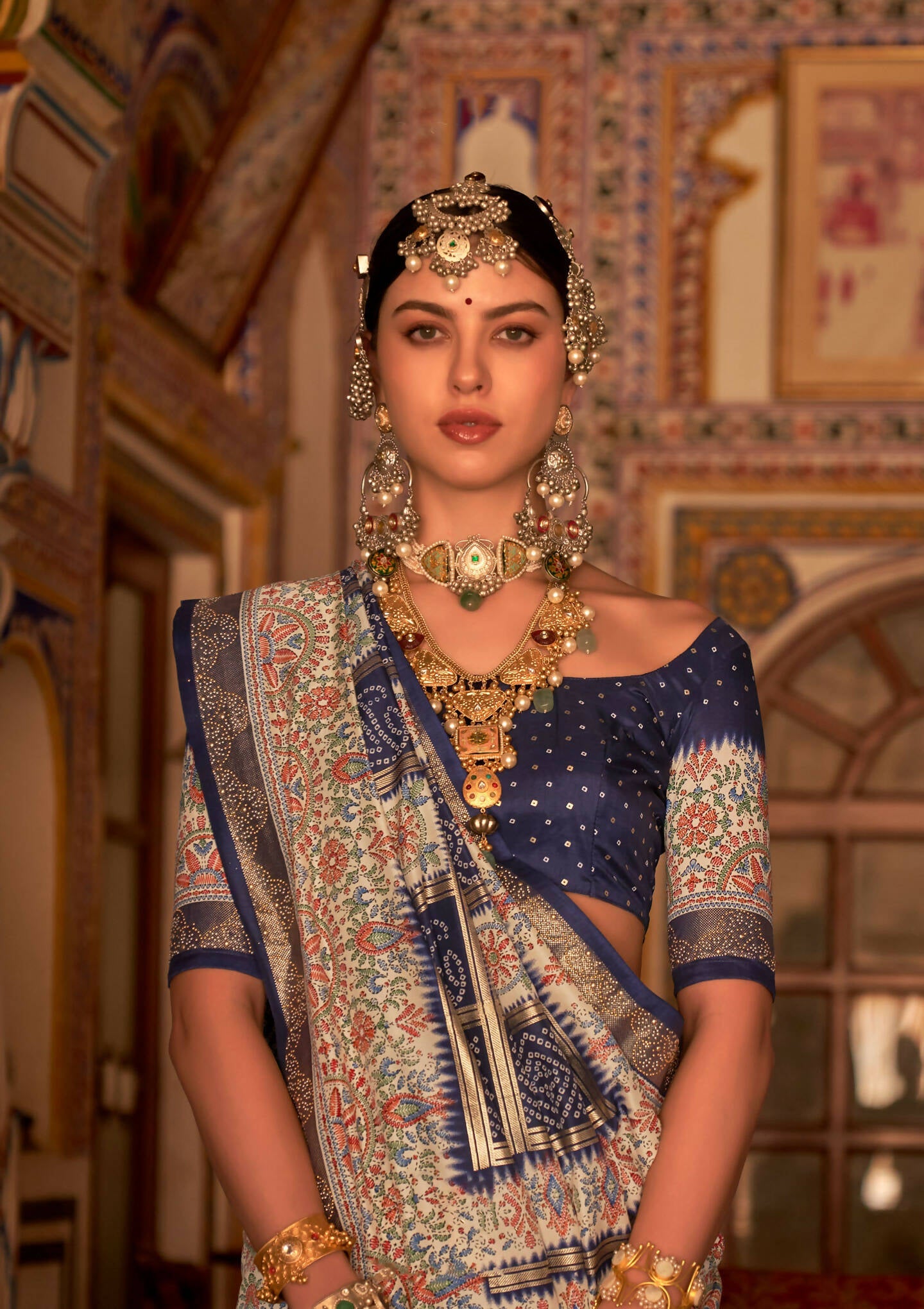 Dark Blue P V Silk Digital Print, Zari Work Printed Saree - Rewaa Parampara
