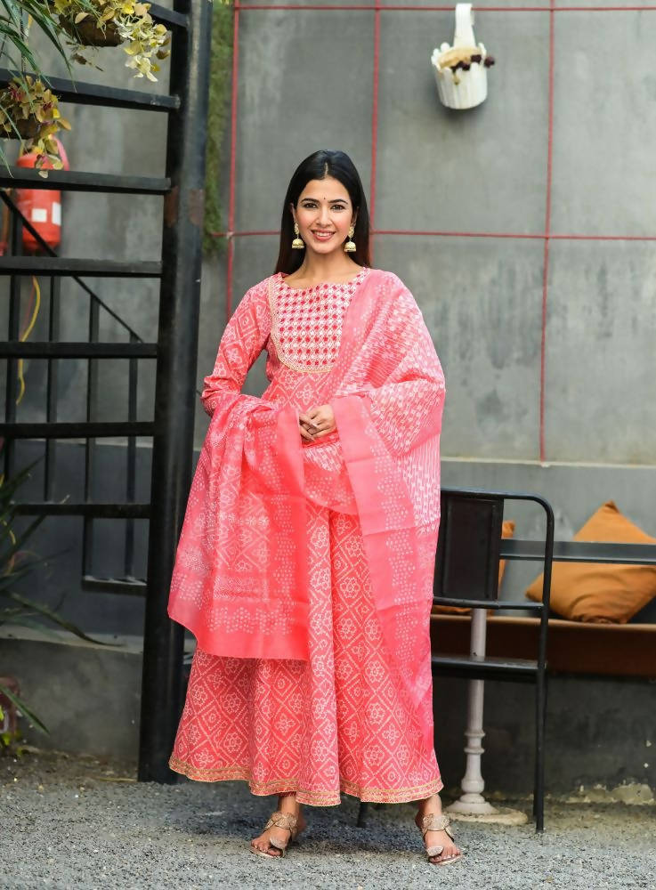 Yufta Women Pink Handblock Printed Kurta with Trouser & Dupatta