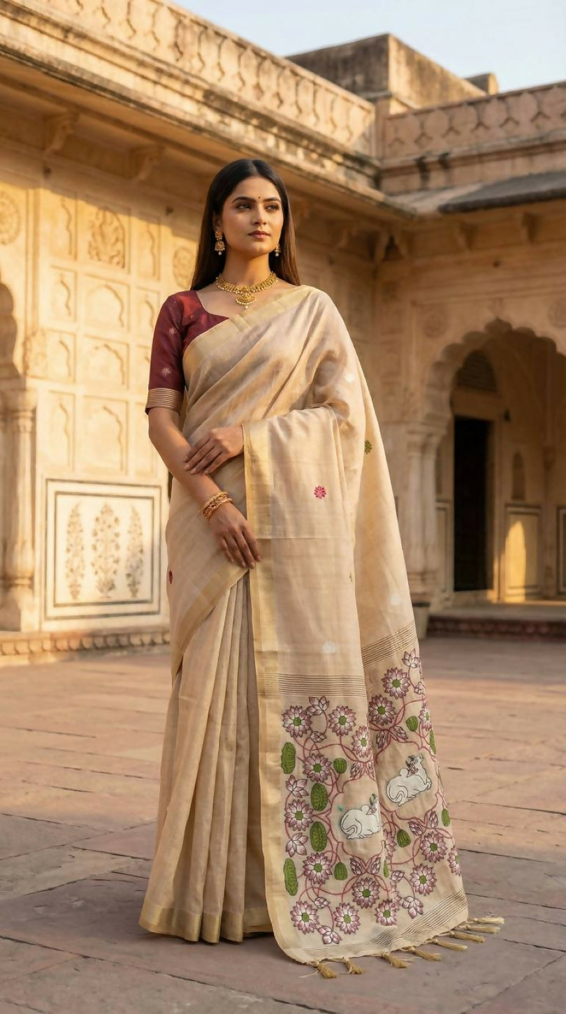 Vastranavya Cream Muga Cotton Meenakari & Azarakh Pallu Saree with Contrast Blouse - Distacart