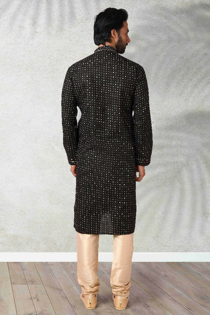 Raivat Ethnic Cotton Printed Work Kurta Pajama In Black Colour