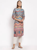 Myshka Women's Multi Silk Printed 3/4 Sleeve Round Neck Casual Kurta
