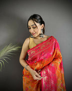 Joban Fashion Orange And Pink Geometric Pattern Soft Silk Patola Saree - Distacart