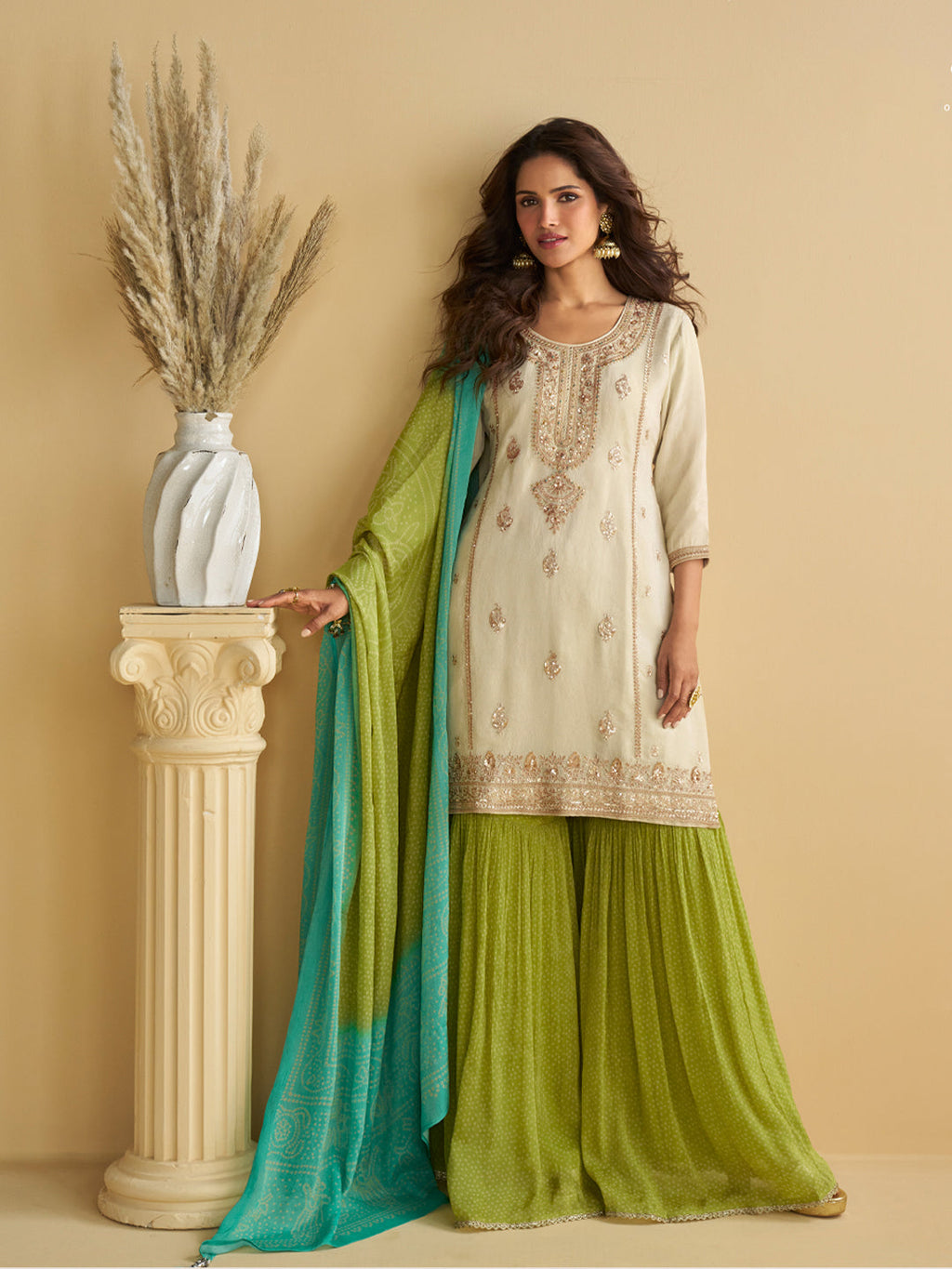 Evanik Women Off White Chinon Silk Zari Embroidered Sequins Sharara Suit - Distacart