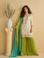 Evanik Women Off White Chinon Silk Zari Embroidered Sequins Sharara Suit - Distacart