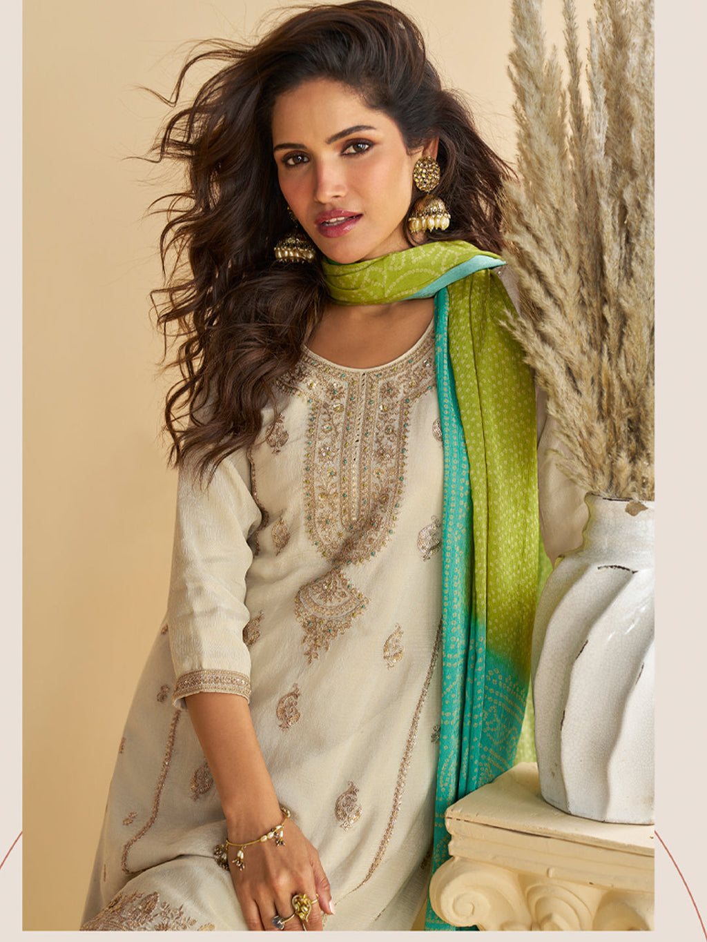Evanik Women Off White Chinon Silk Zari Embroidered Sequins Sharara Suit - Distacart