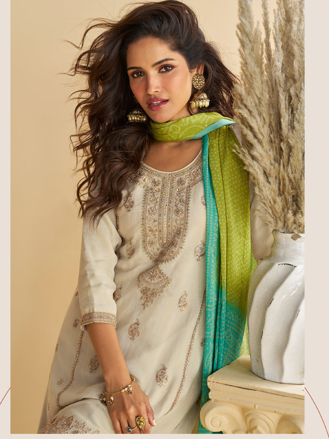 Evanik Women Off White Chinon Silk Zari Embroidered Sequins Sharara Suit - Distacart