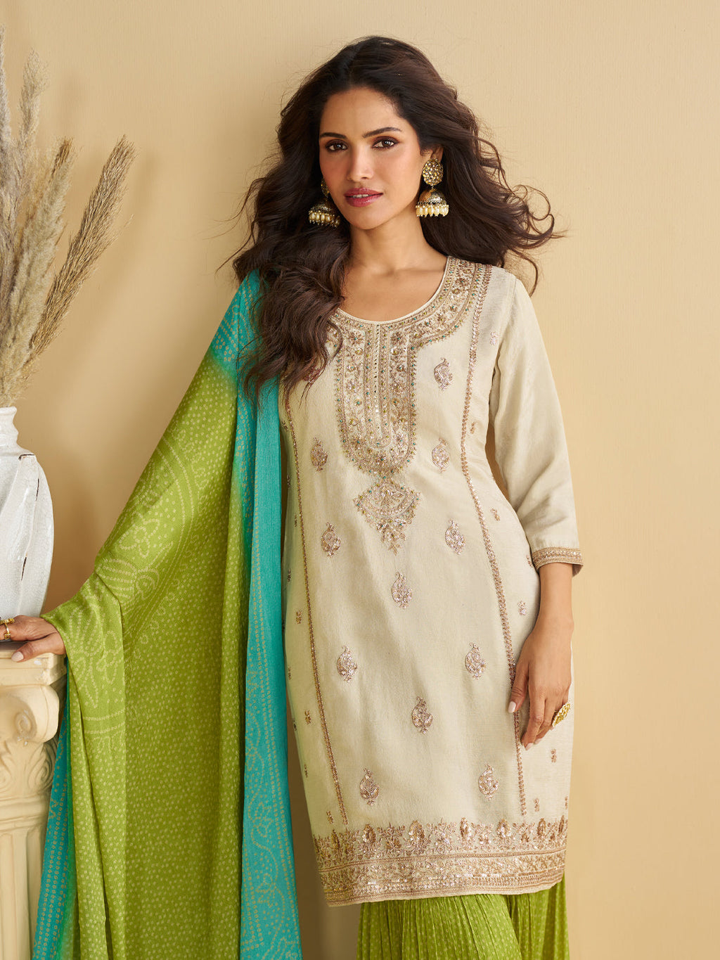 Evanik Women Off White Chinon Silk Zari Embroidered Sequins Sharara Suit - Distacart