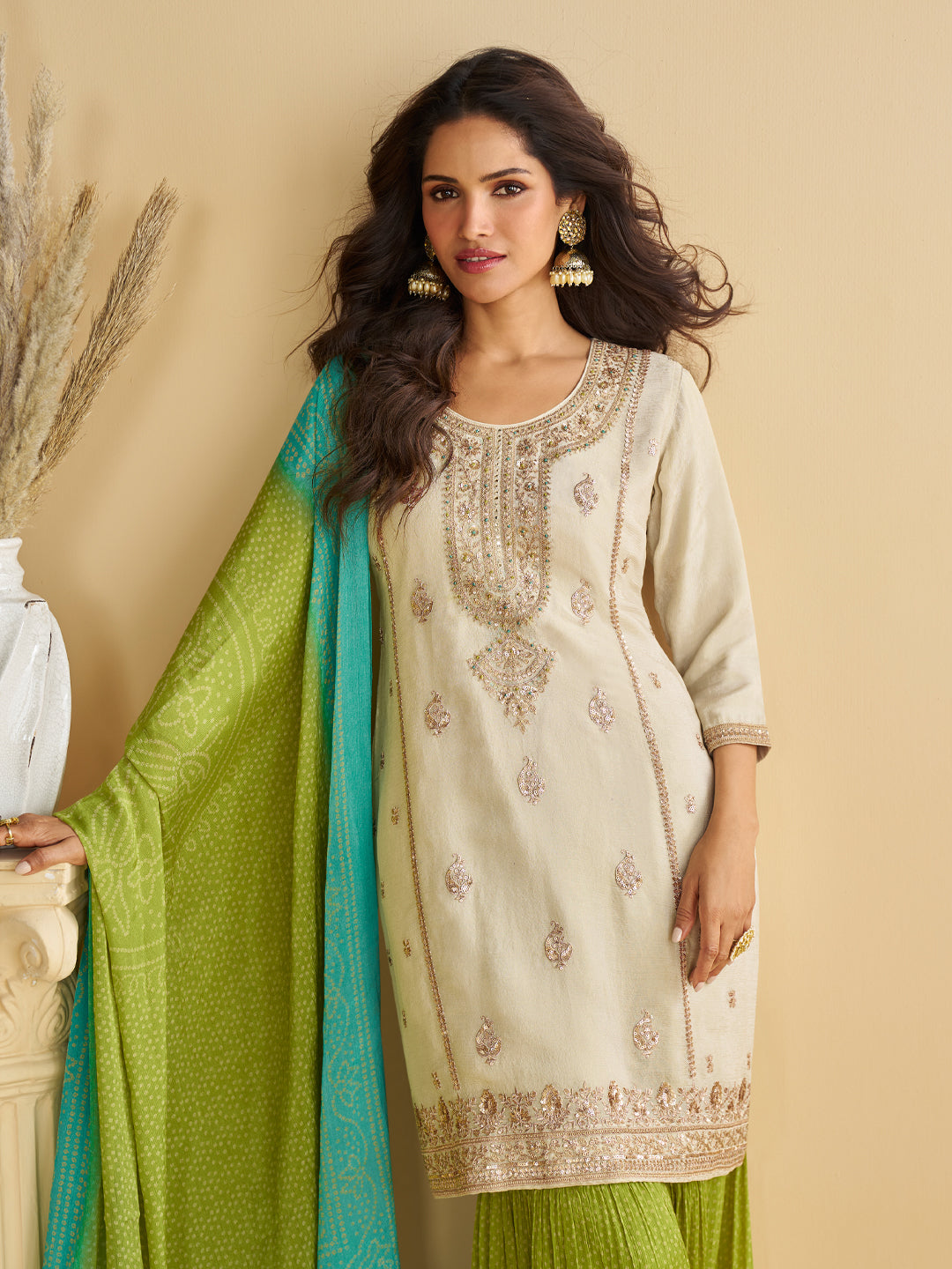 Evanik Women Off White Chinon Silk Zari Embroidered Sequins Sharara Suit - Distacart