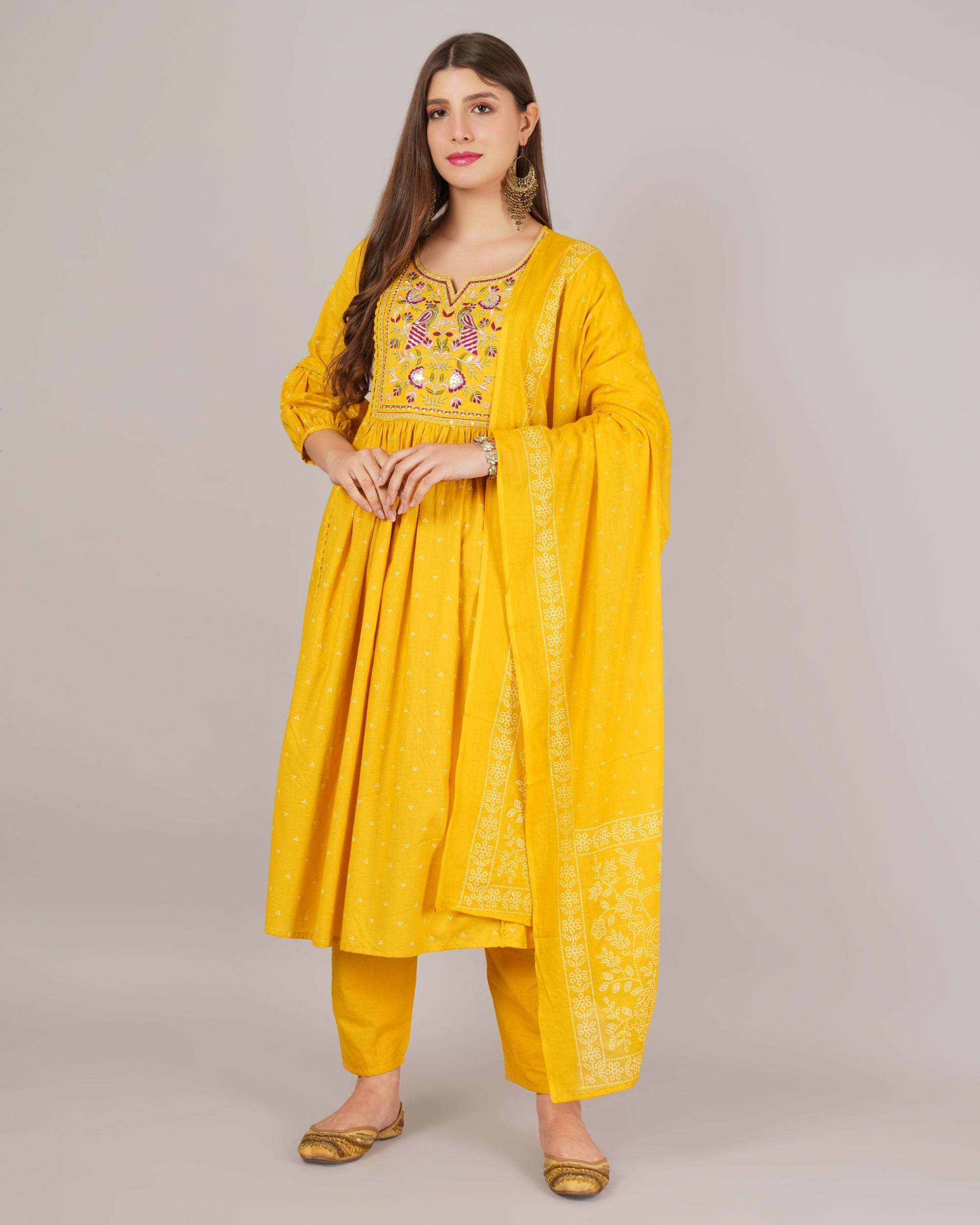 Jaitra Apparels Mustard Yellow Embroidered Pure Cotton Fabric Kurta Set With Dupatta - Distacart