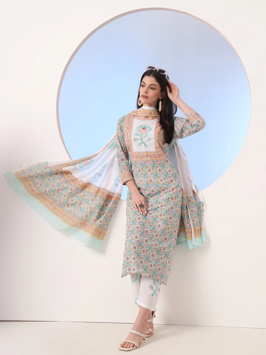 Yufta White And Blue Cotton Straight Kurta Pant Dupatta Set