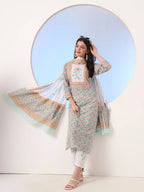 Yufta White And Blue Cotton Straight Kurta Pant Dupatta Set