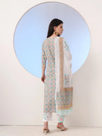 Yufta White And Blue Cotton Straight Kurta Pant Dupatta Set
