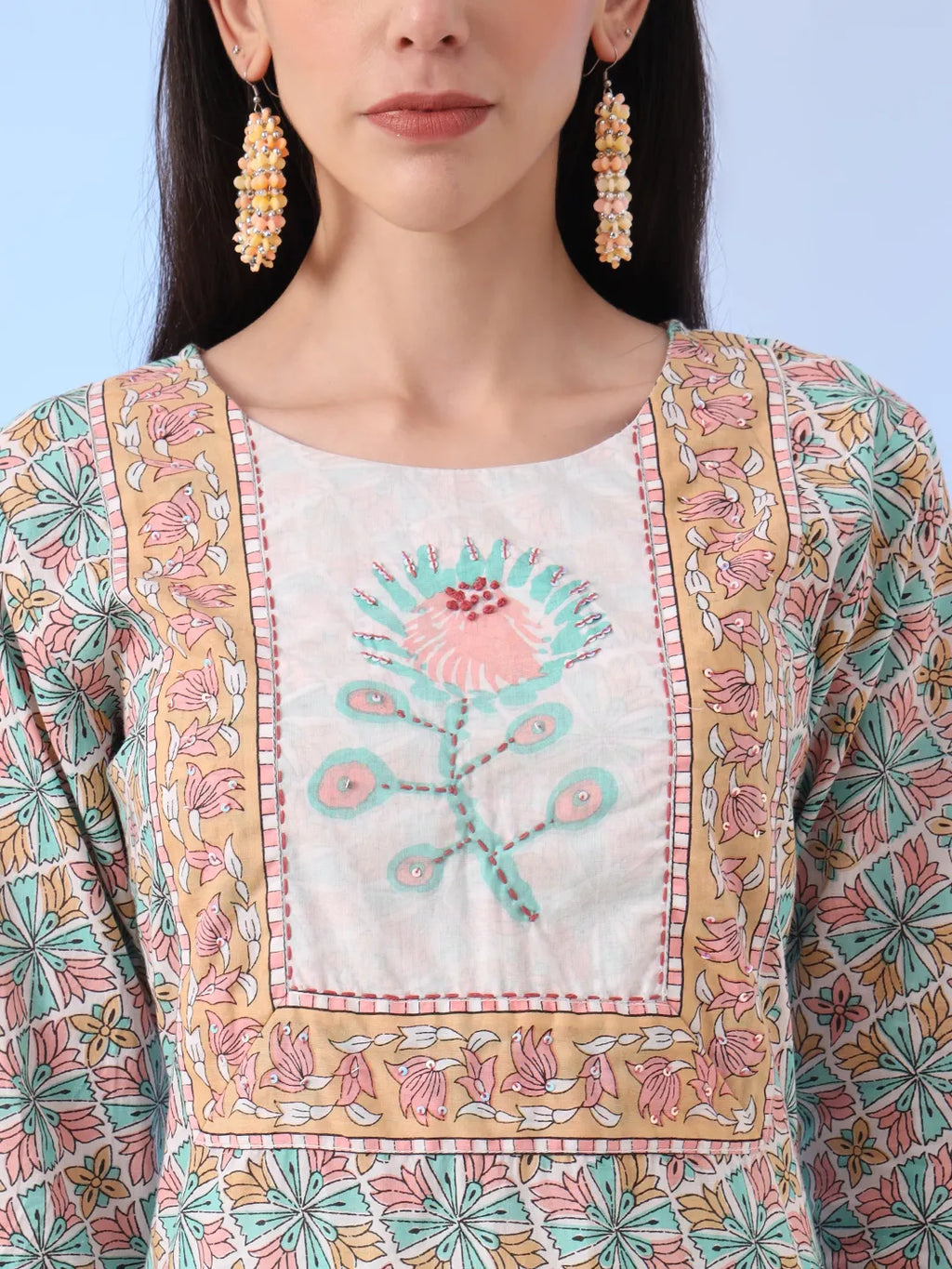 Yufta White And Blue Cotton Straight Kurta Pant Dupatta Set