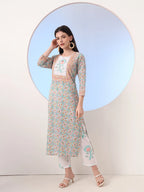 Yufta White And Blue Cotton Straight Kurta Pant Dupatta Set