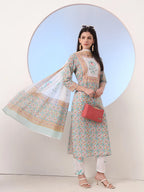 Yufta White And Blue Cotton Straight Kurta Pant Dupatta Set