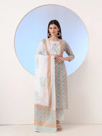 Yufta White And Blue Cotton Straight Kurta Pant Dupatta Set