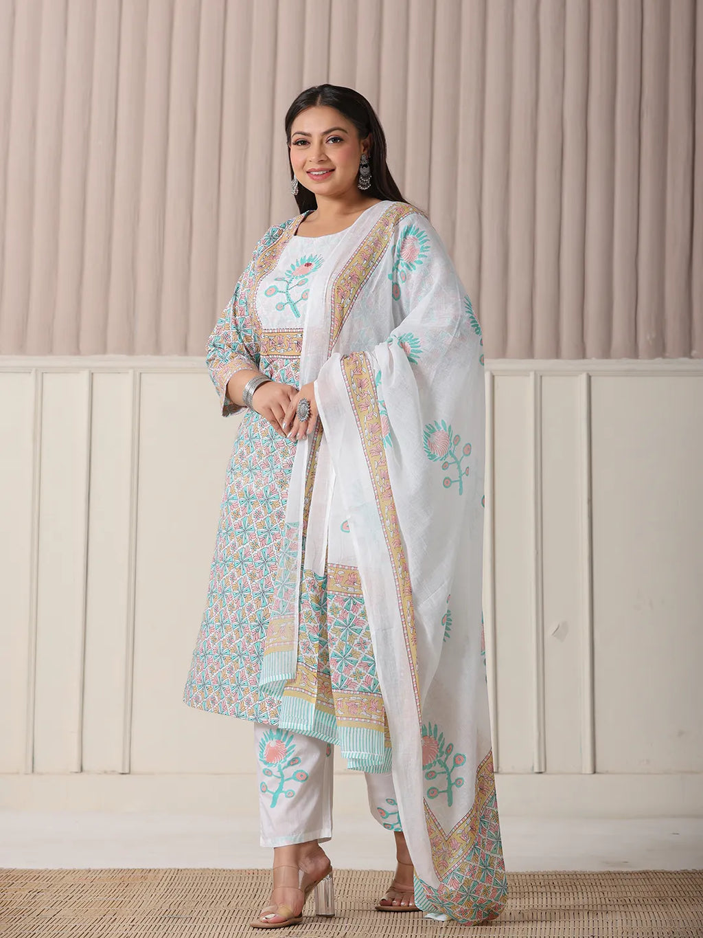 Yufta White And Blue Cotton Straight Plus Size Kurta Pant Dupatta Set