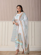 Yufta White And Blue Cotton Straight Plus Size Kurta Pant Dupatta Set