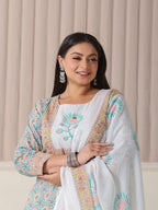 Yufta White And Blue Cotton Straight Plus Size Kurta Pant Dupatta Set