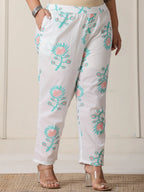 Yufta White And Blue Cotton Straight Plus Size Kurta Pant Dupatta Set