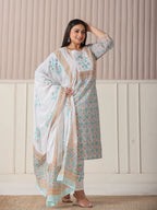 Yufta White And Blue Cotton Straight Plus Size Kurta Pant Dupatta Set