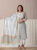 Yufta White And Blue Cotton Straight Plus Size Kurta Pant Dupatta Set
