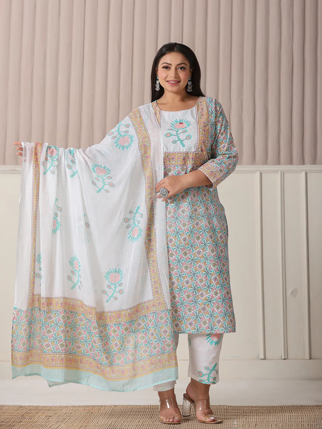 Yufta White And Blue Cotton Straight Plus Size Kurta Pant Dupatta Set