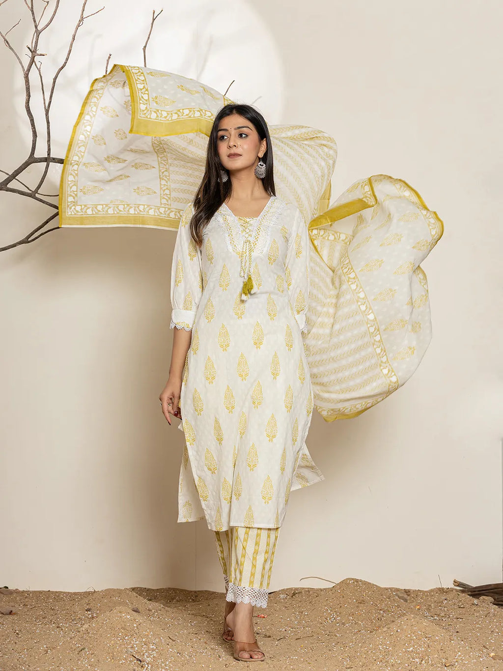 Yufta White & Green Floral Cotton Straight Suit Set - Distacart