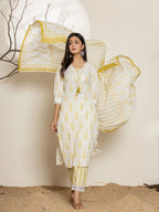Yufta White & Green Floral Cotton Straight Suit Set - Distacart