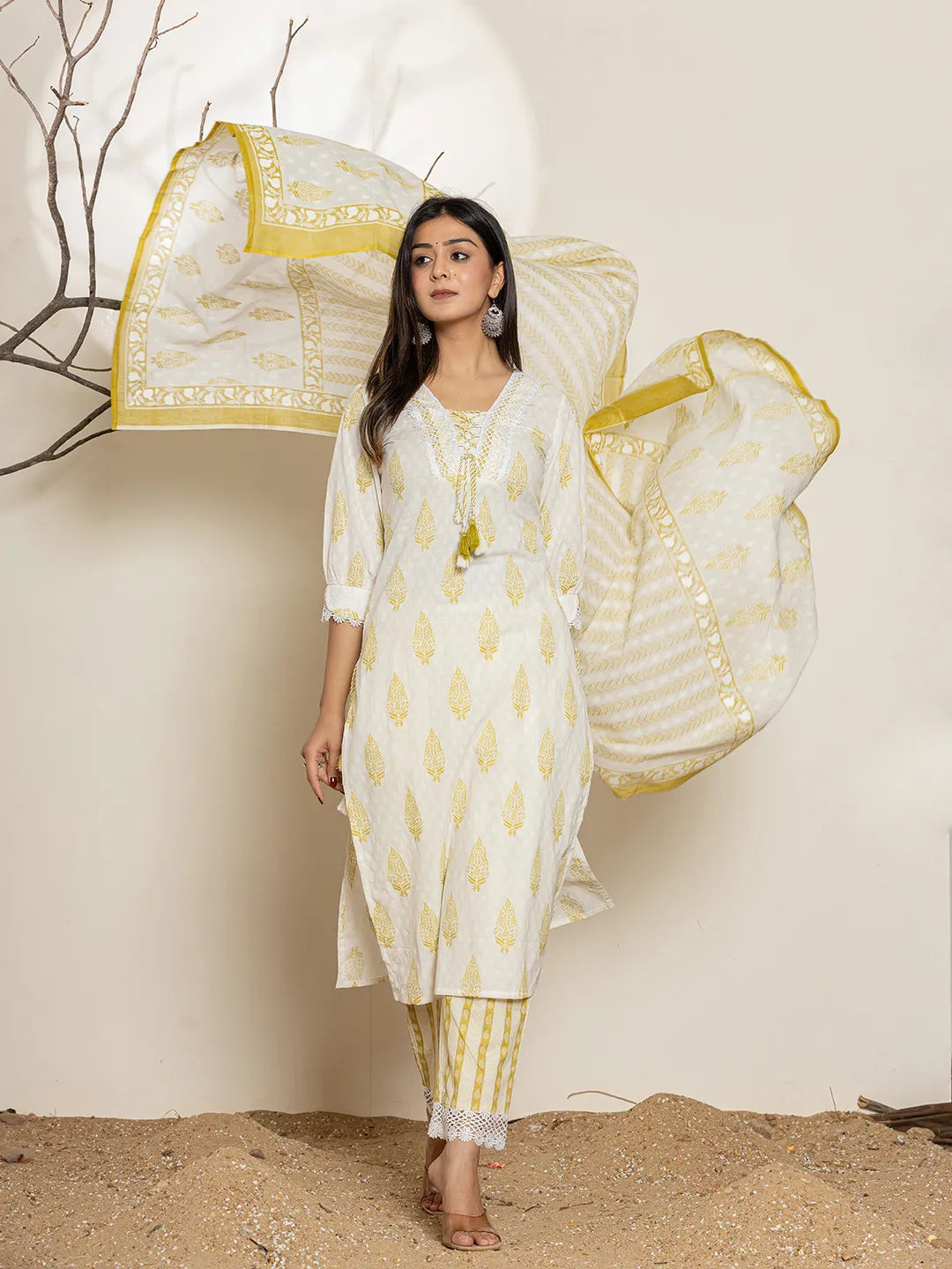 Yufta White & Green Floral Cotton Straight Suit Set - Distacart
