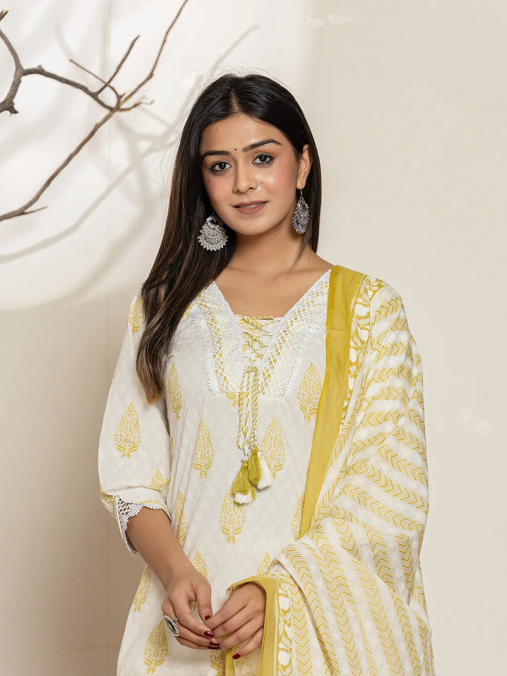 Yufta White & Green Floral Cotton Straight Suit Set - Distacart