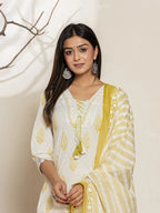Yufta White & Green Floral Cotton Straight Suit Set - Distacart