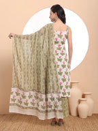 Yufta White And Green Floral Print Straight Kurta Trouser Dupatta Set Cotton Lining