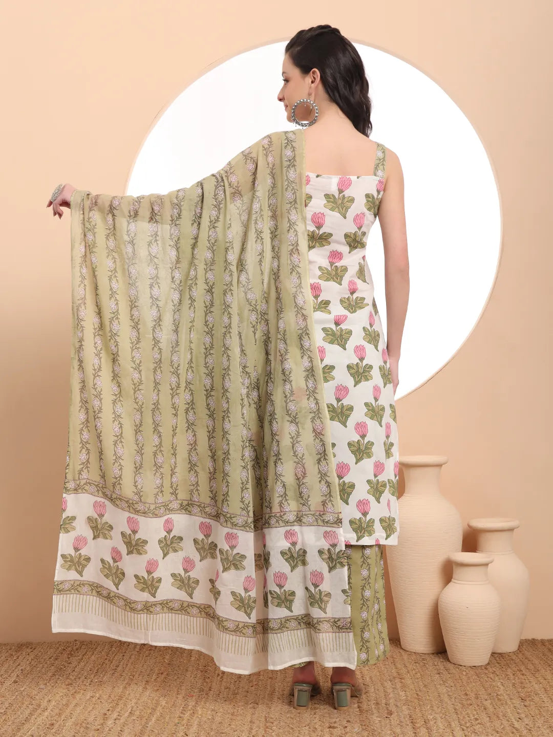 Yufta White And Green Floral Print Straight Kurta Trouser Dupatta Set Cotton Lining