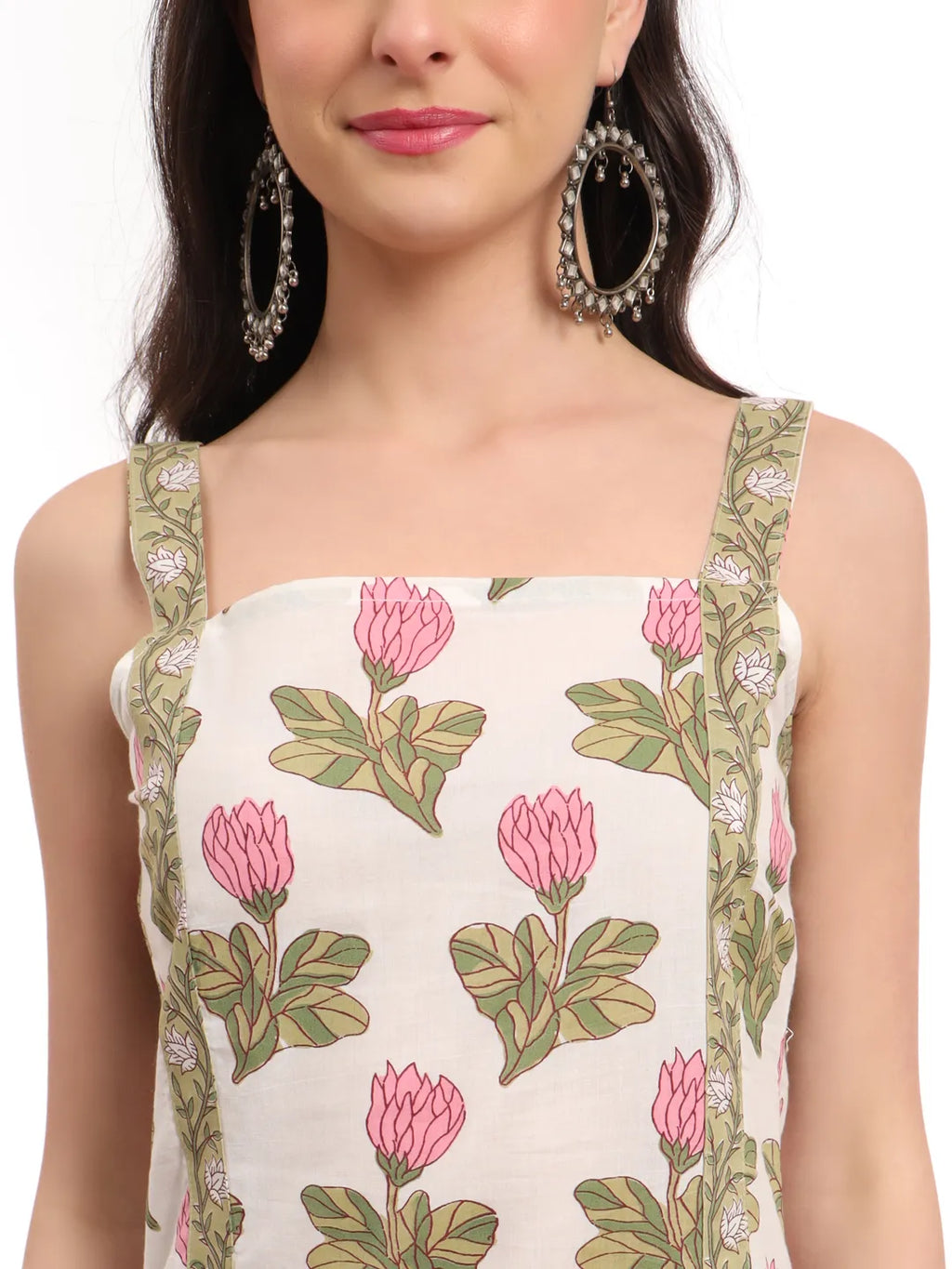 Yufta White And Green Floral Print Straight Kurta Trouser Dupatta Set Cotton Lining