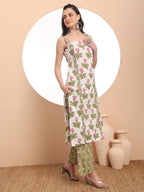 Yufta White And Green Floral Print Straight Kurta Trouser Dupatta Set Cotton Lining