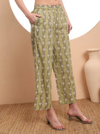 Yufta White And Green Floral Print Straight Kurta Trouser Dupatta Set Cotton Lining