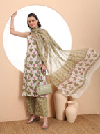 Yufta White And Green Floral Print Straight Kurta Trouser Dupatta Set Cotton Lining