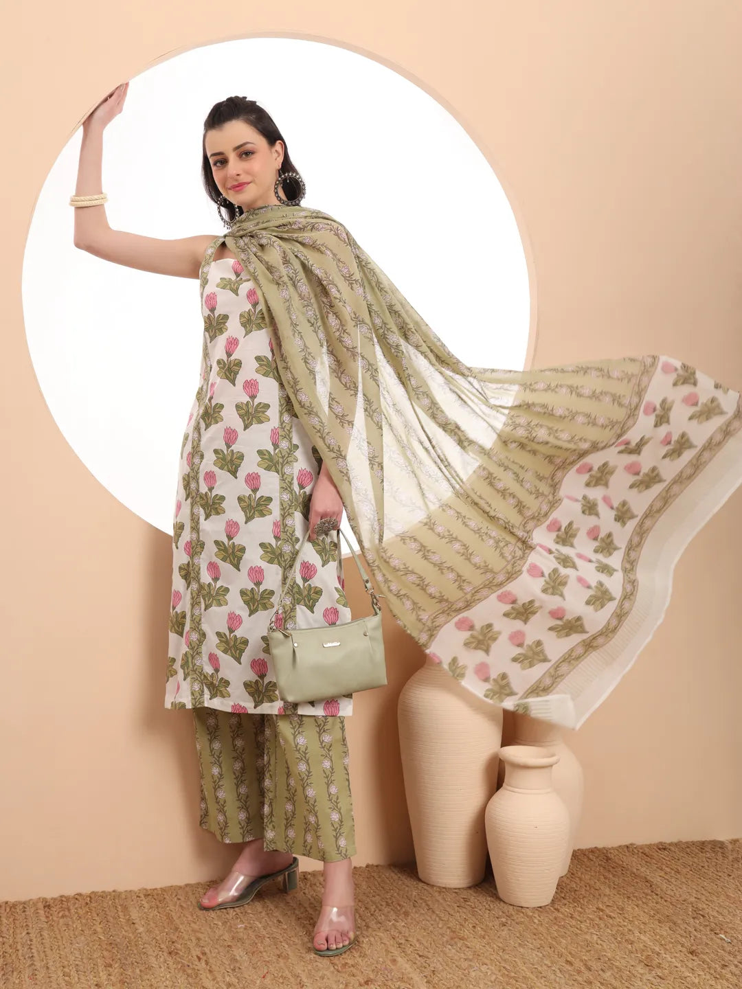 Yufta White And Green Floral Print Straight Kurta Trouser Dupatta Set Cotton Lining