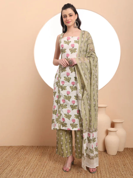 Yufta White And Green Floral Print Straight Kurta Trouser Dupatta Set Cotton Lining